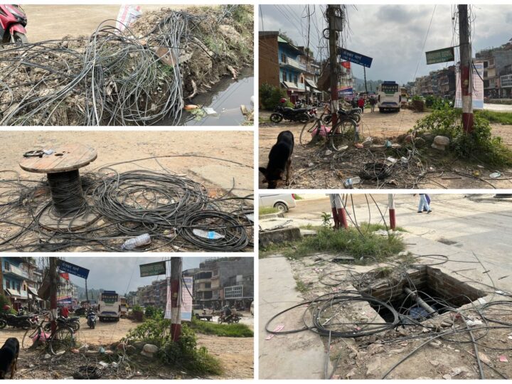 मुख्य चाेकका सडकमा गजल्टिएकाे तारले अल्झाउँदा पनि देख्दैन व्यास नगरपालिका ?