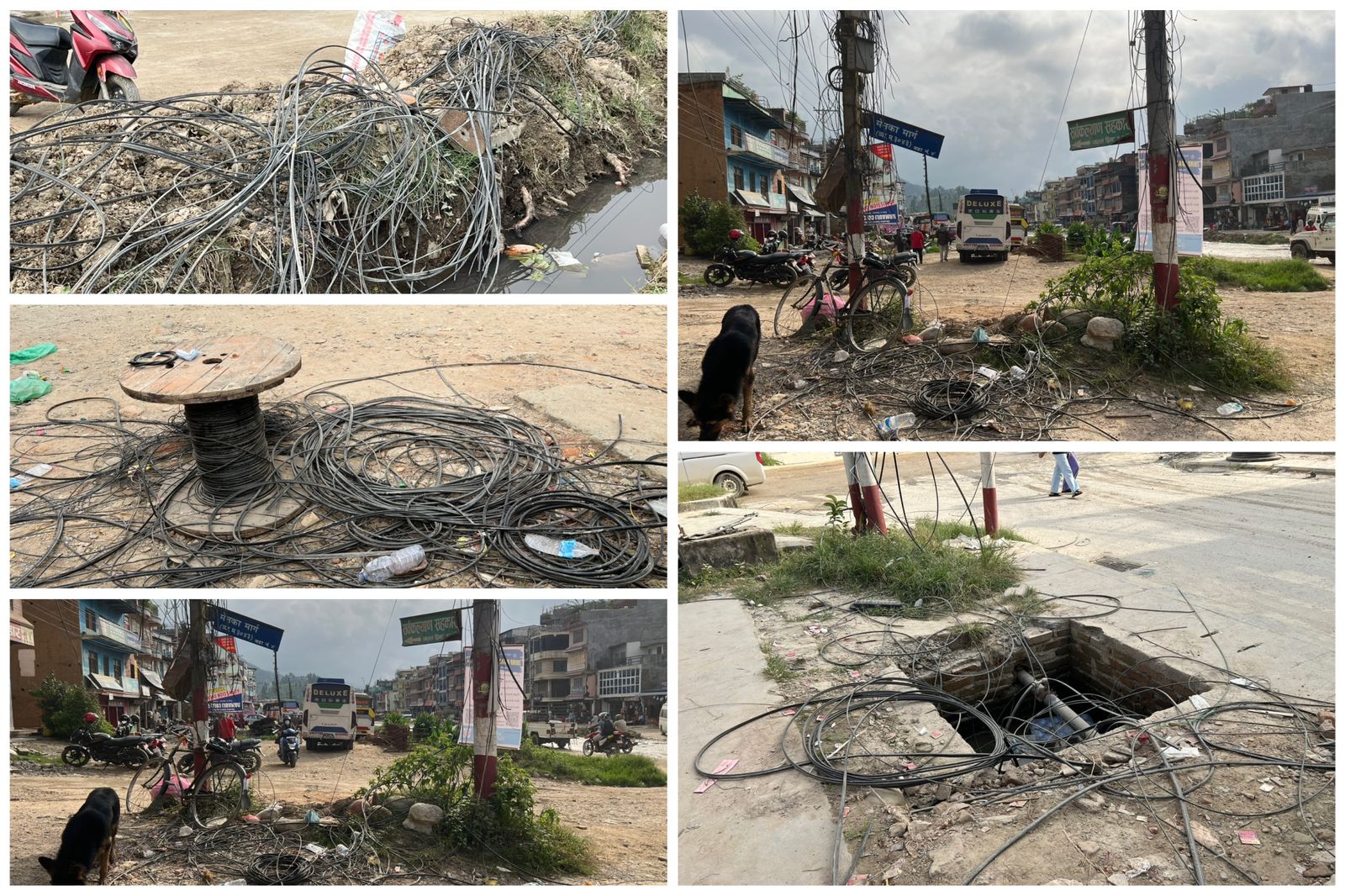 मुख्य चाेकका सडकमा गजल्टिएकाे तारले अल्झाउँदा पनि देख्दैन व्यास नगरपालिका ?
