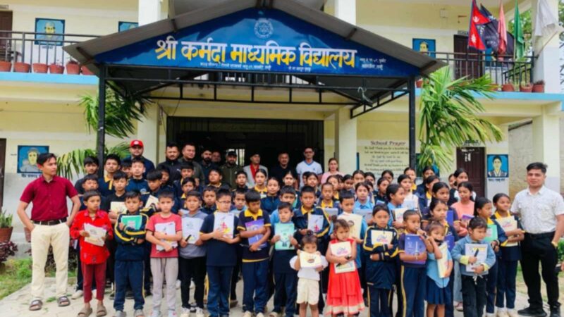 स्थापना दिवसको अवसरमा ने वि संघ भानु द्वारा कर्मदा माबिमा शैक्षिक तथा खेलकुद सामग्री वितरण